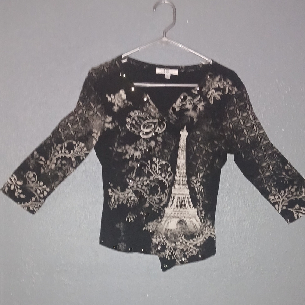 IQ Paris Button Down Blouse with Eiffel Tower